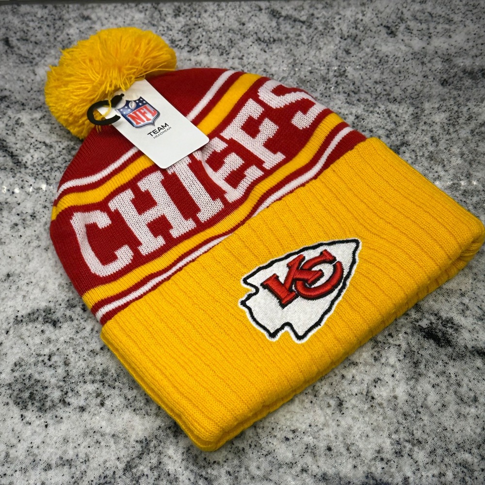 NFL Team Headwear‎ Unisex Kansas City Chiefs Beanie Red Yellow Pom Knit Hat New